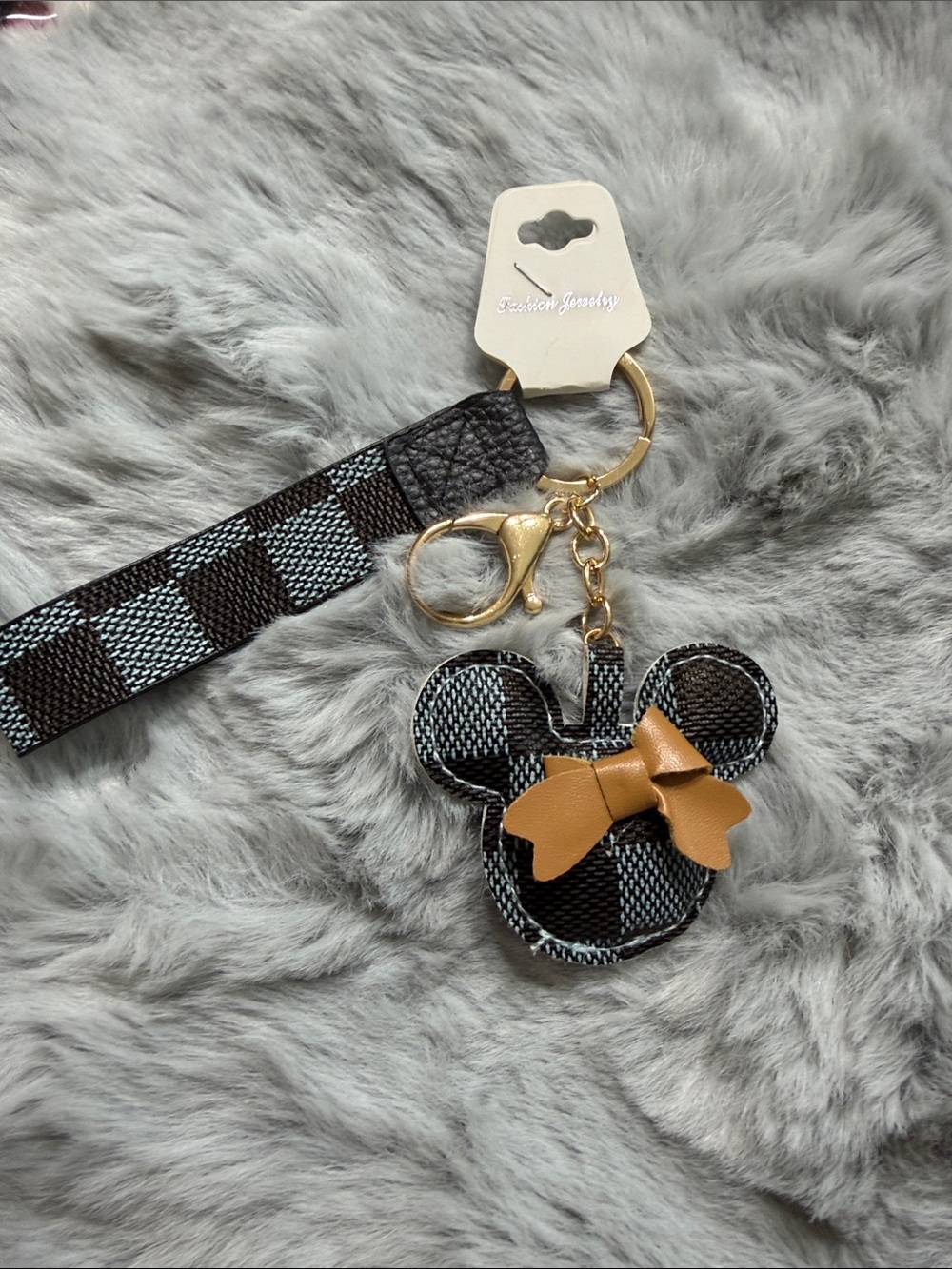 Checkered Mouse Keychain with Tan Bow